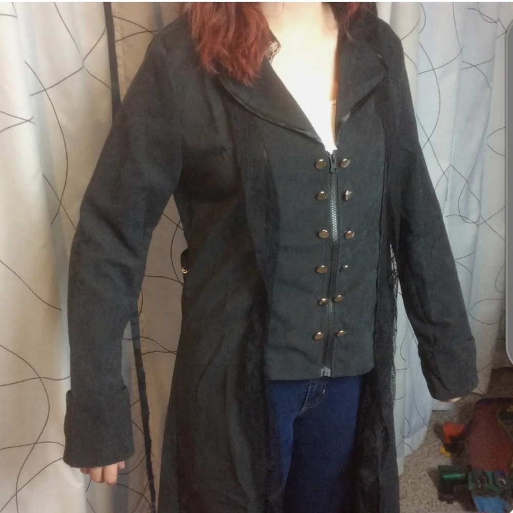 NEW Steampunk, Goth, Pirate, Vampire Black Trenchcoat with Lace Collar - Picture 5 of 5